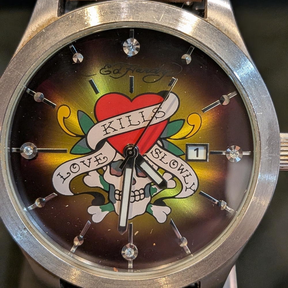 Ed Hardy Skull Heart Watch with Red and Yellow Accents